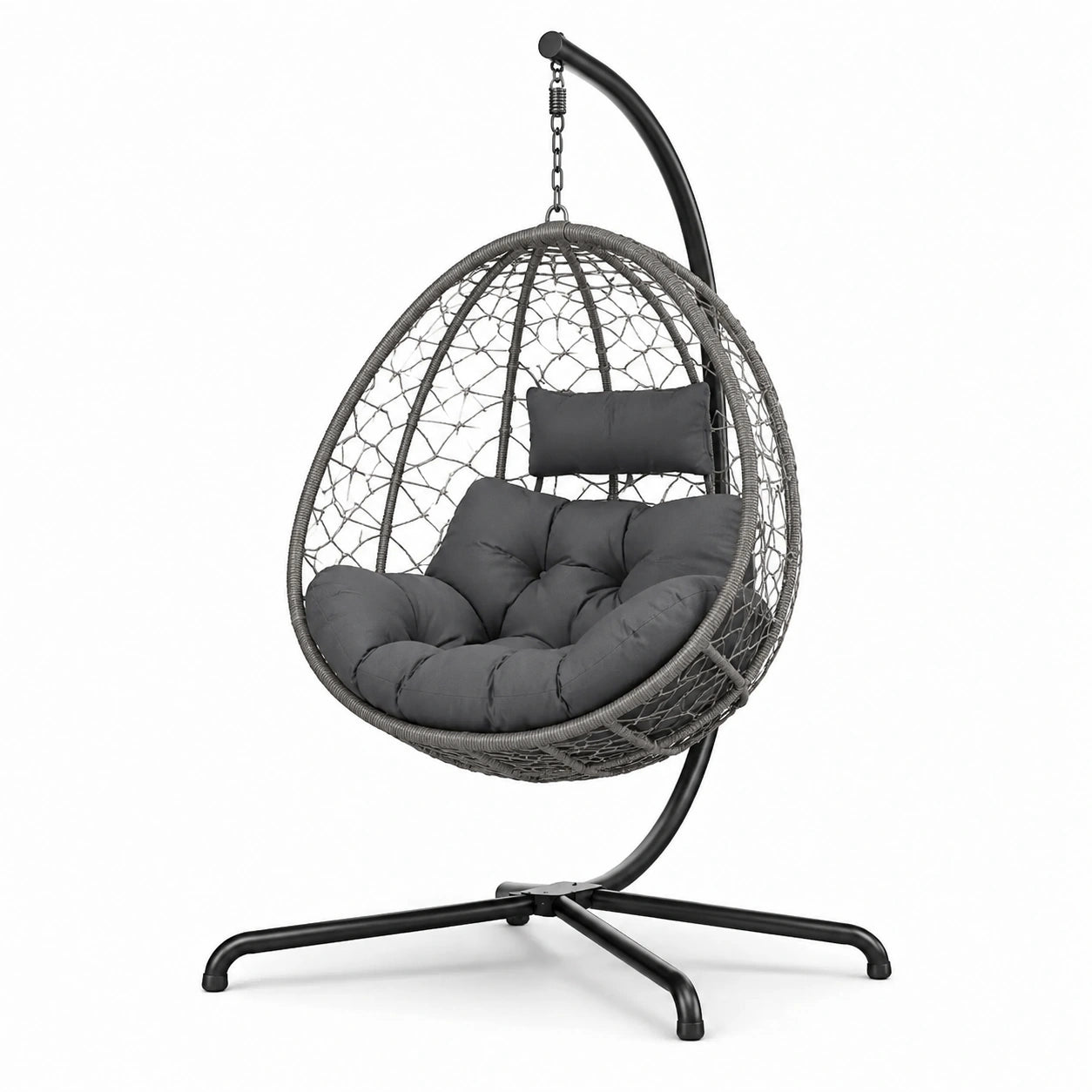 Sillón colgante de metal con cojines en color gris para interior y exterior