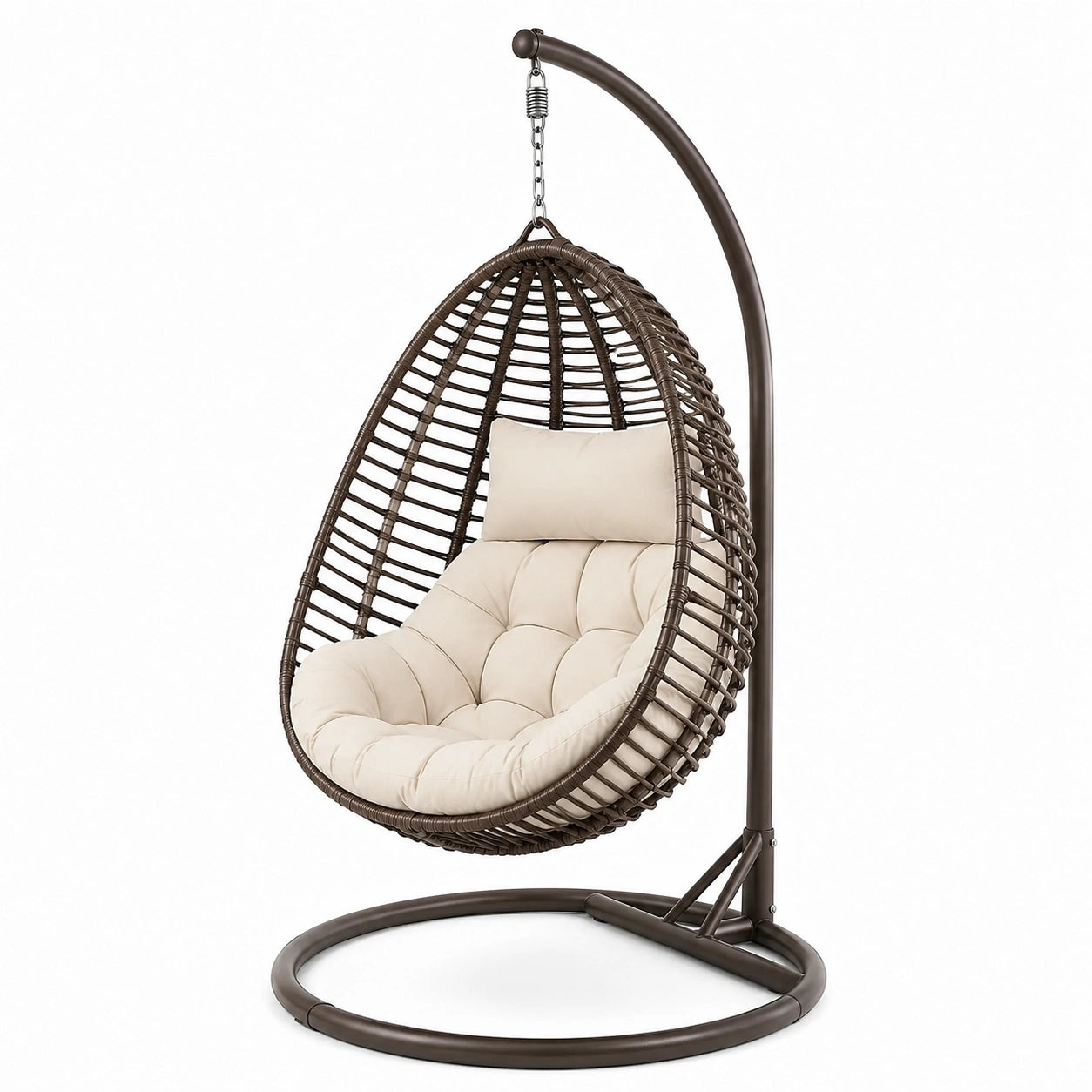 Sillón Colgante de Ratán Sintético con Cojines Beige Estructura de Acero Marrón