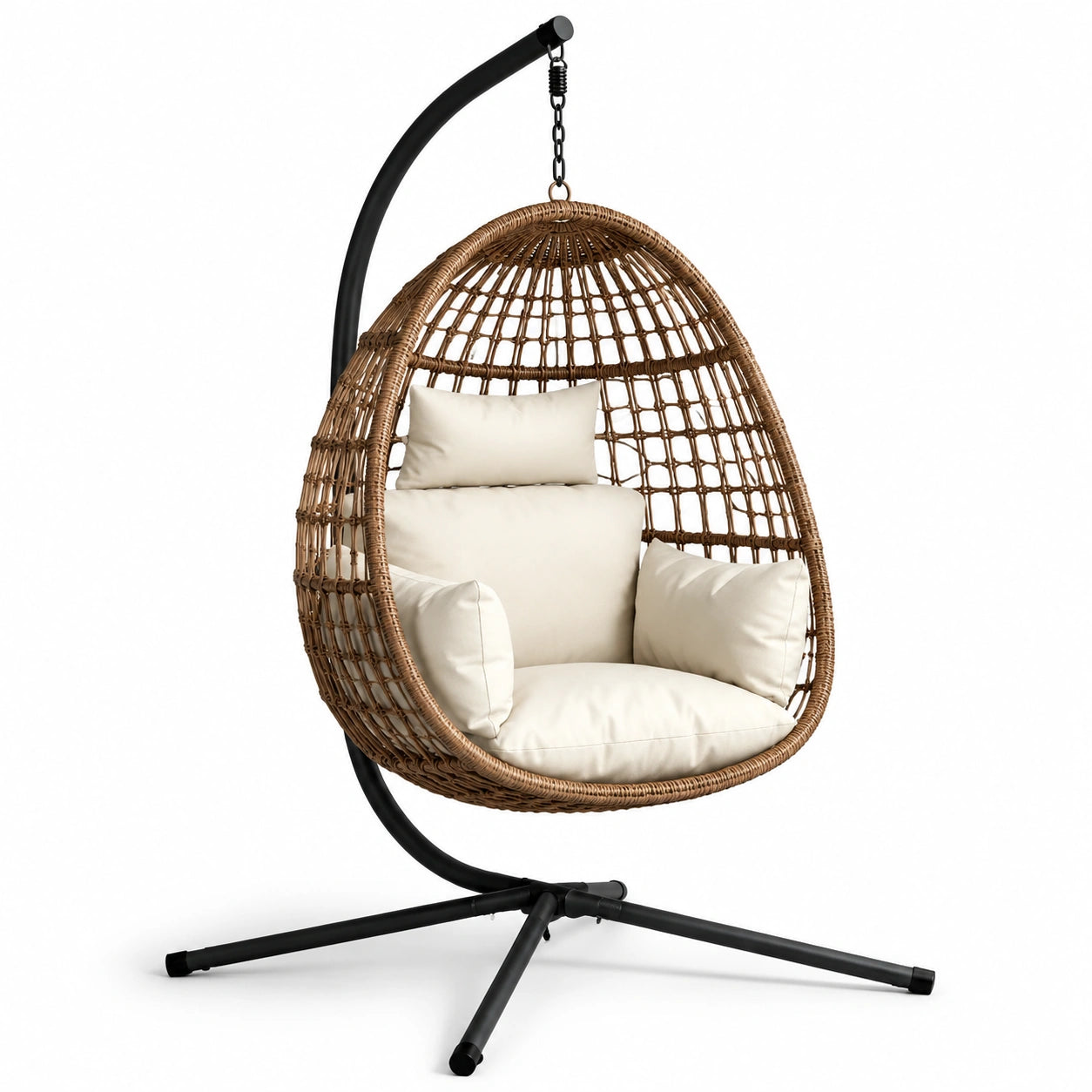 Sillón colgante de mimbre sintético marrón con cojines crema