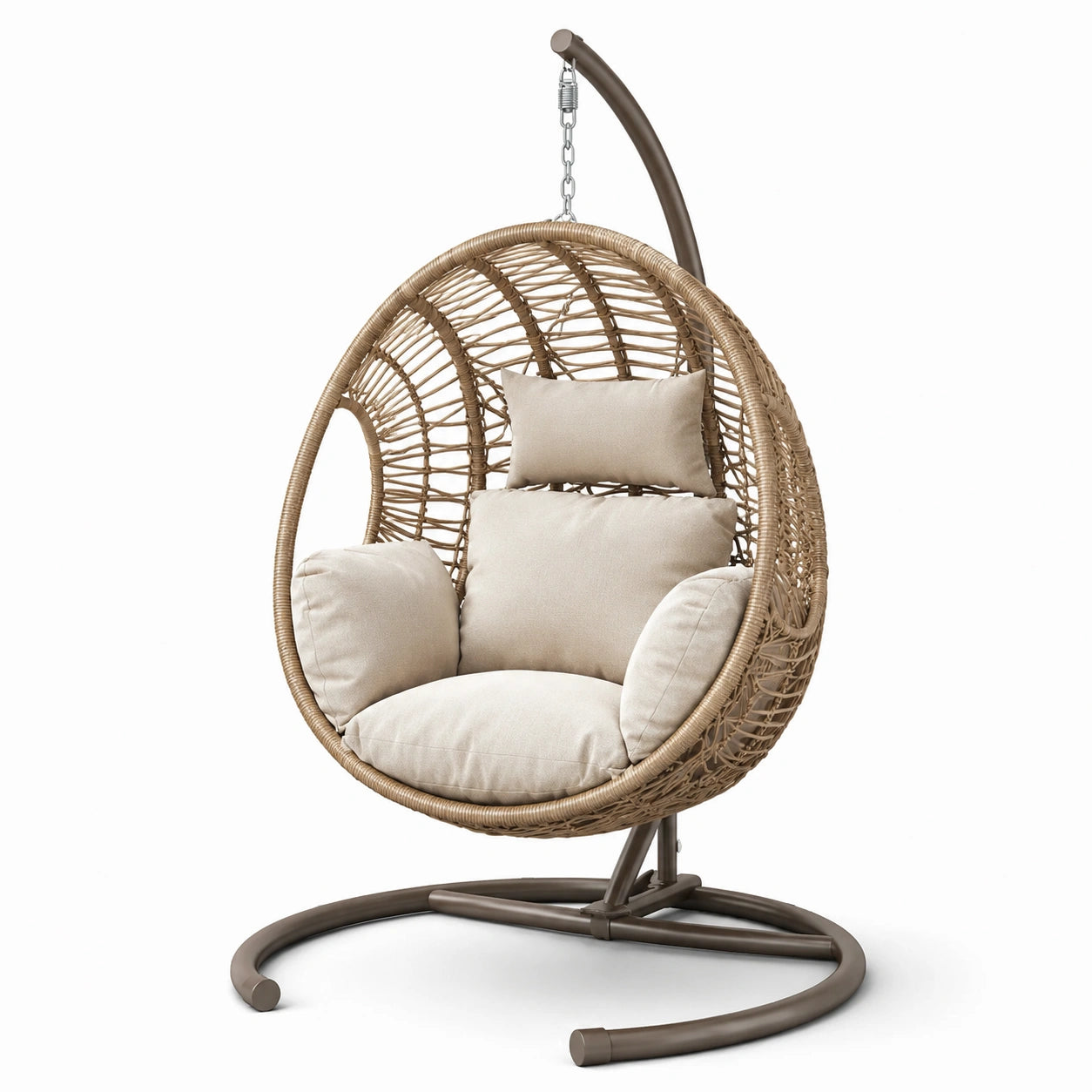 Sillón colgante de ratán sintético beige con cojines y estructura de acero
