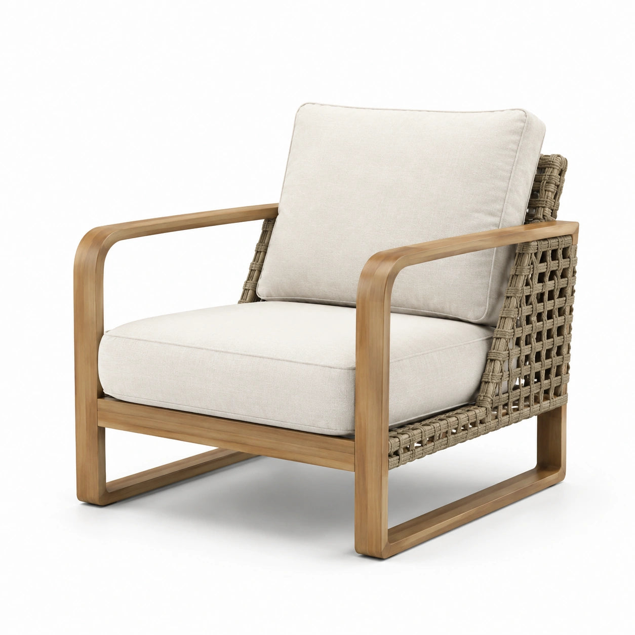 Sillón de teca y cuerda con cojines de poliéster beige