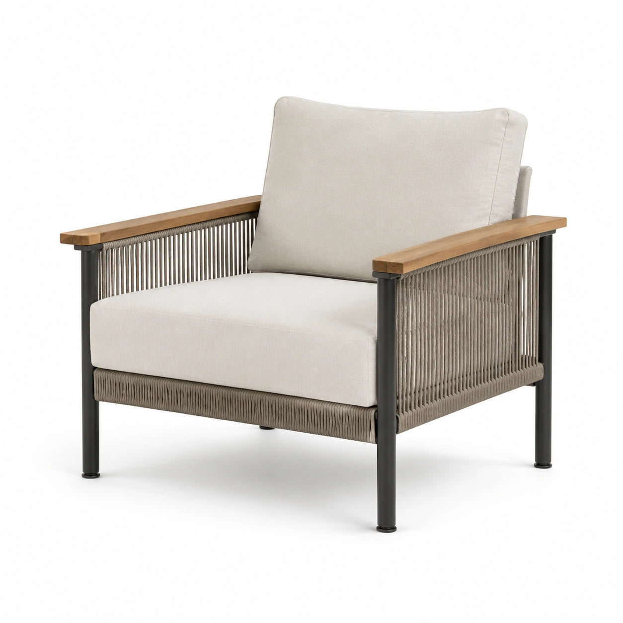 Sillón de jardín de metal con reposabrazos de madera y cojines de tela, 75 cm de alto