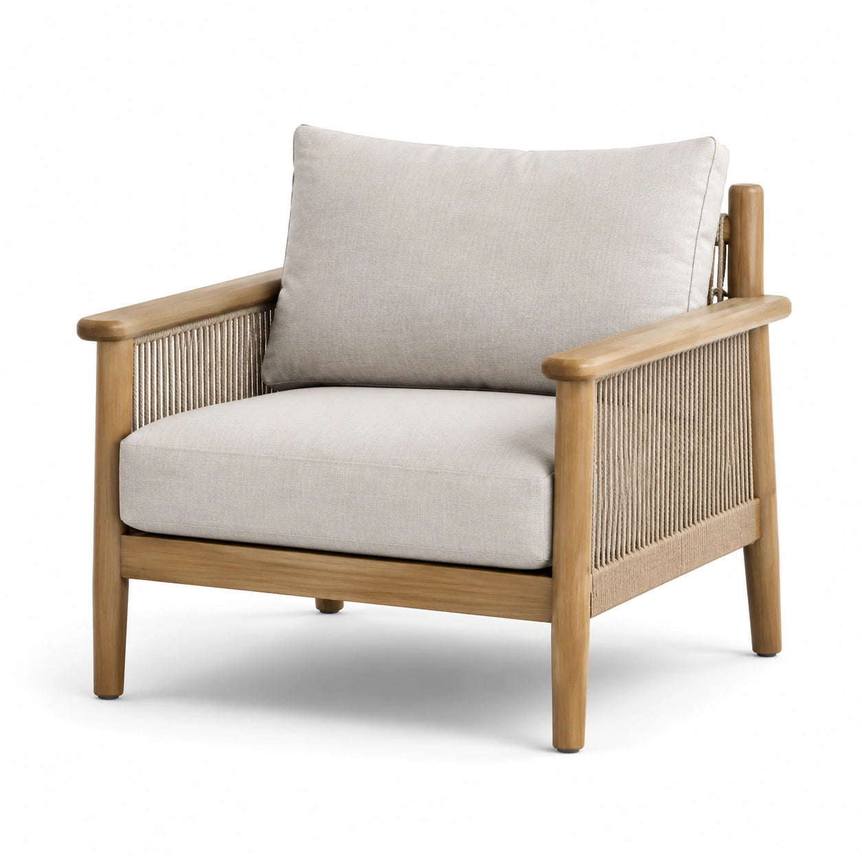 Sillón de madera de acacia con cojines de poliéster beige