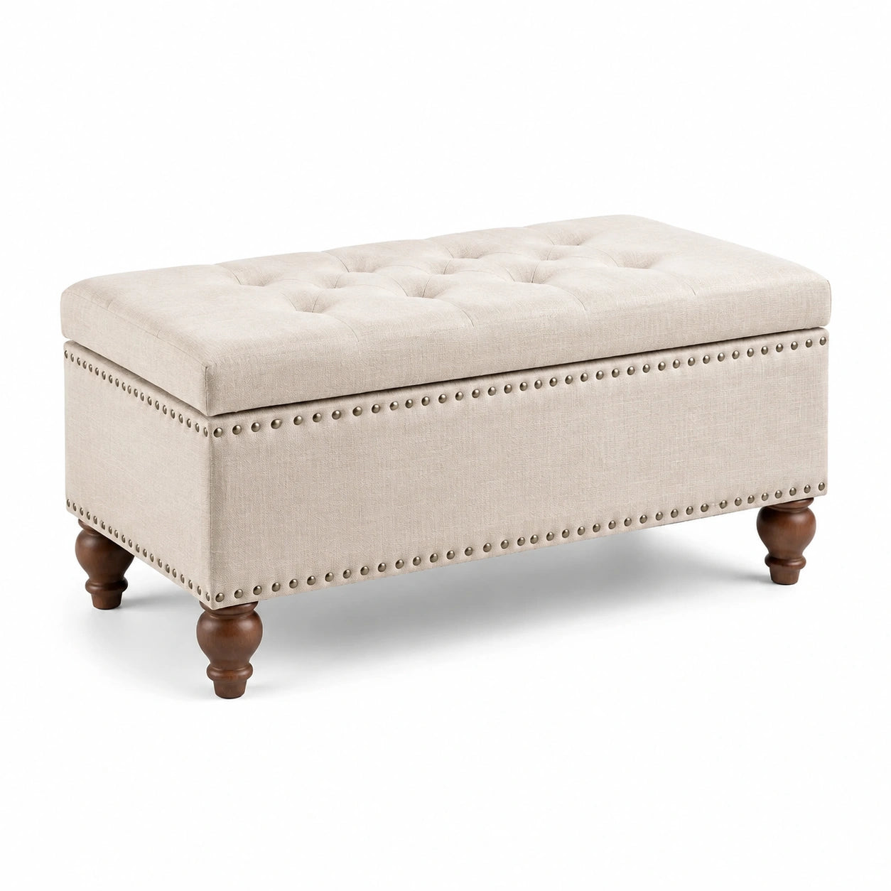 Banco de almacenamiento de lino beige con patas de madera