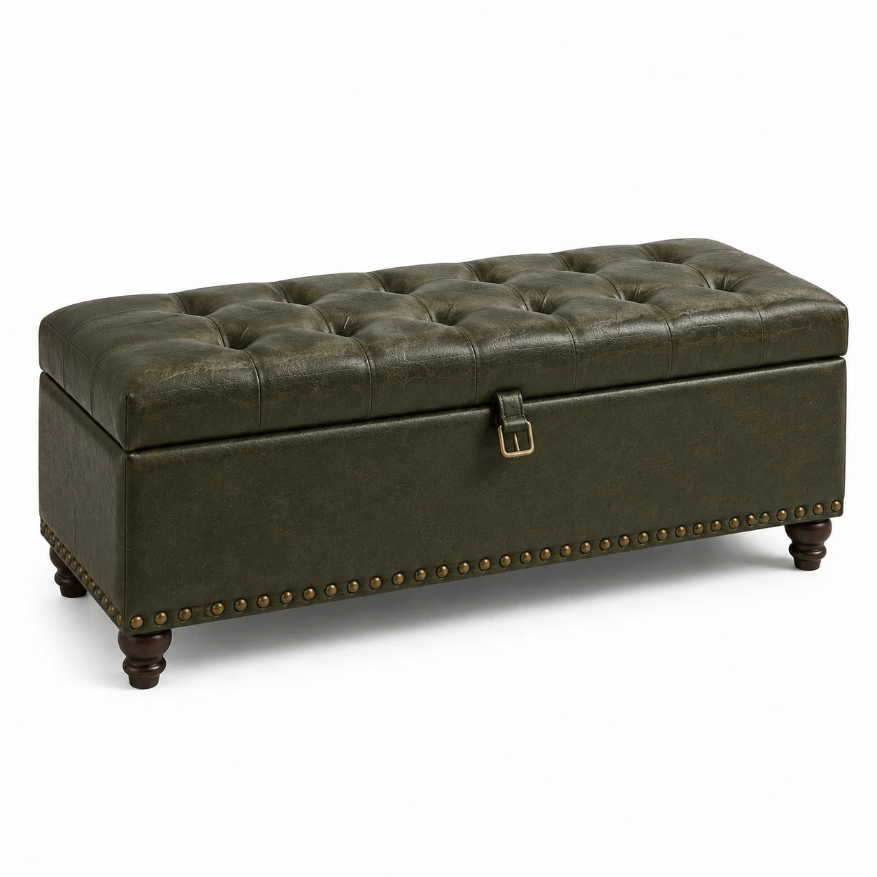 Banco de almacenamiento de madera y cuero sintético verde oliva 120x45x40 cm