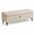 Banco de lino con almacenamiento y patas de madera, 120 cm, beige