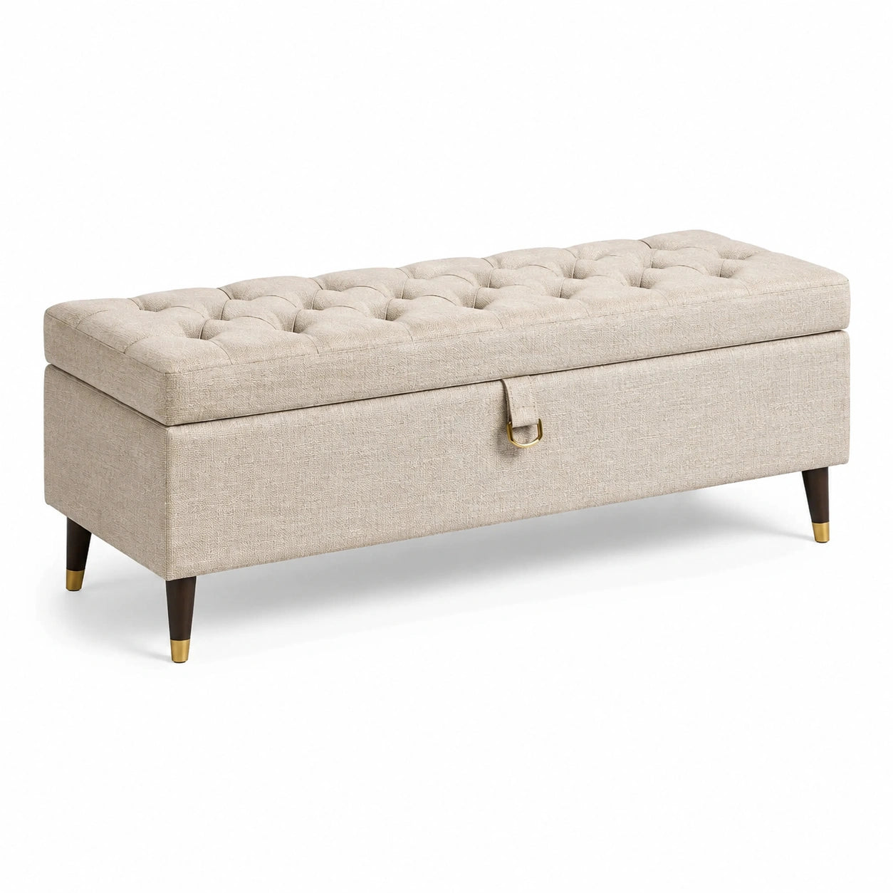 Banco de lino con almacenamiento y patas de madera, 120 cm, beige