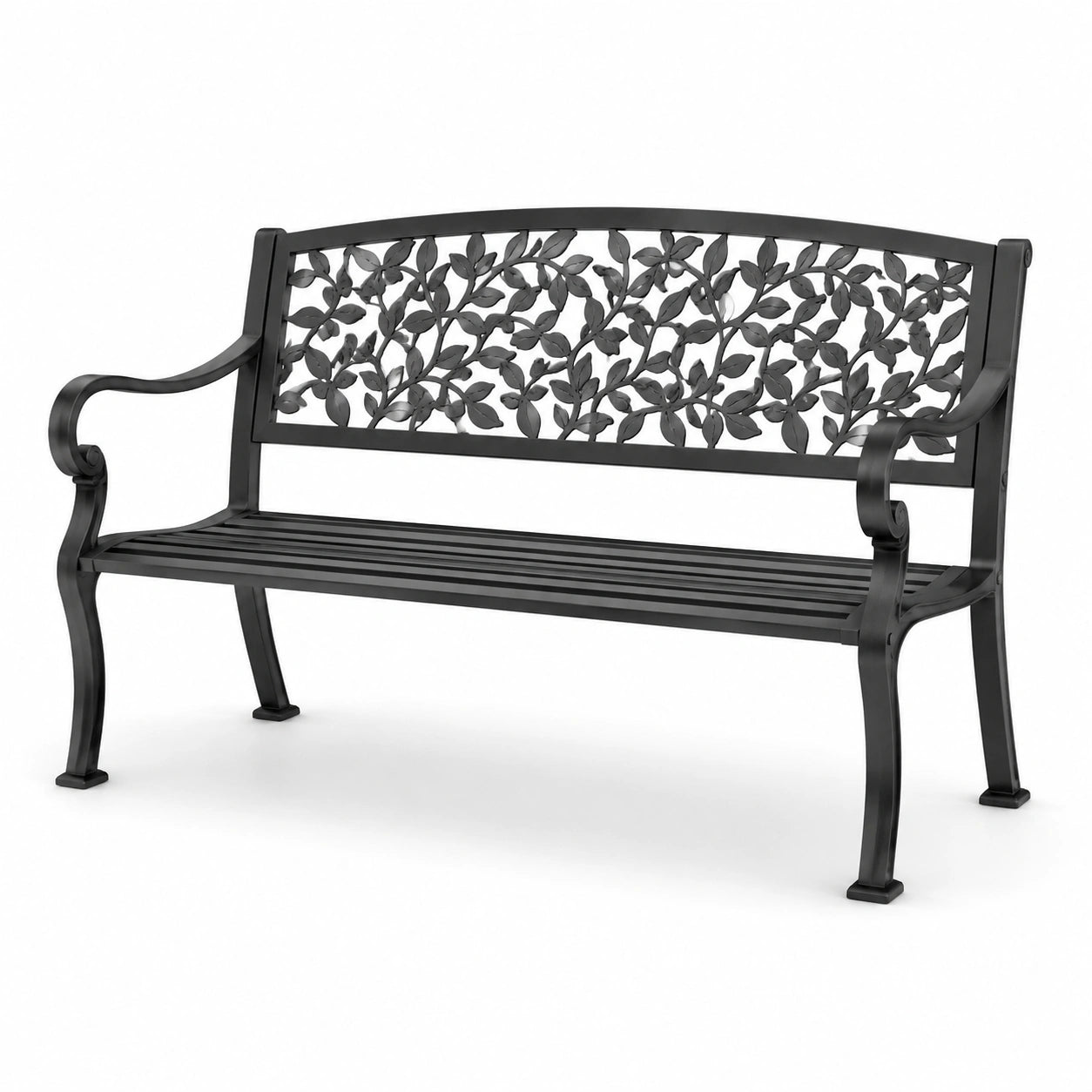 Banco de jardín de metal con respaldo decorativo floral de 128cm