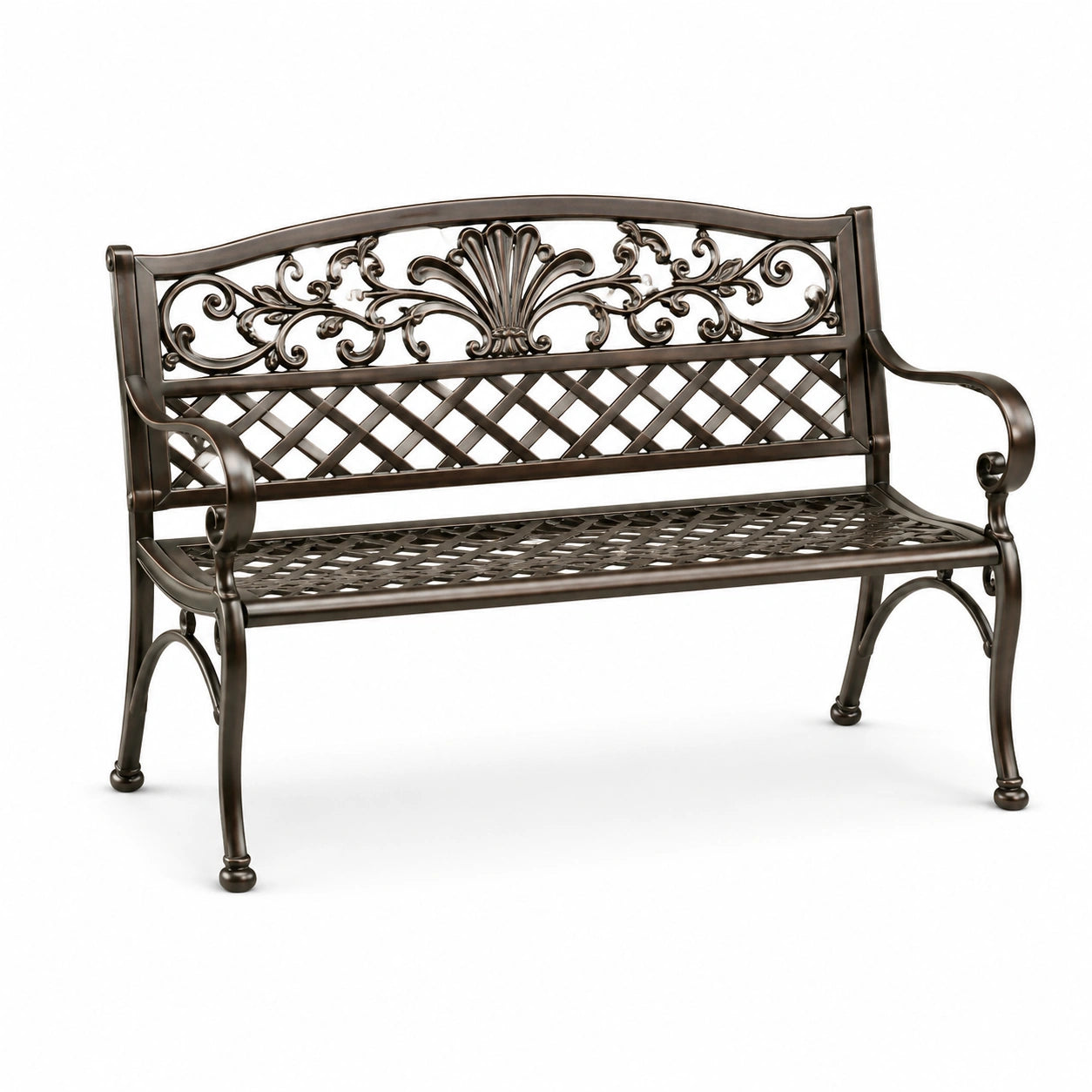 Banco de jardín de aluminio fundido decoración floral 128cm marrón