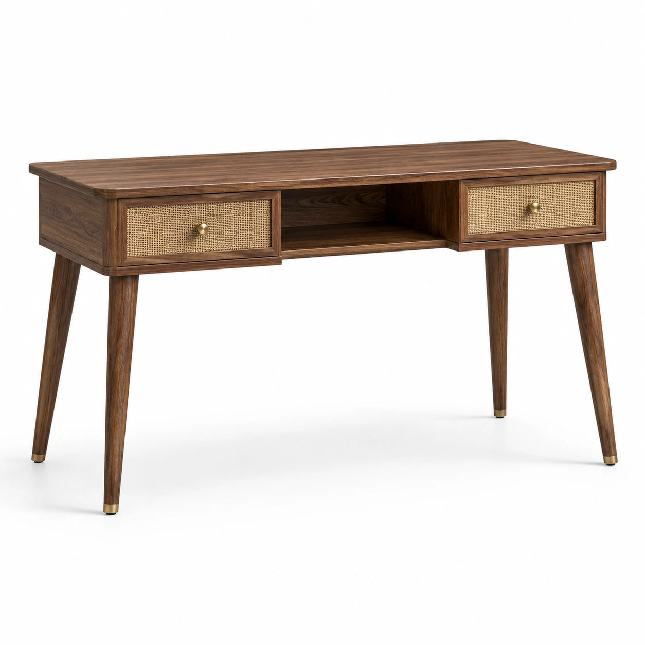 Escritorio de madera de nogal con cajones de ratán 140x55x75 cm marrón