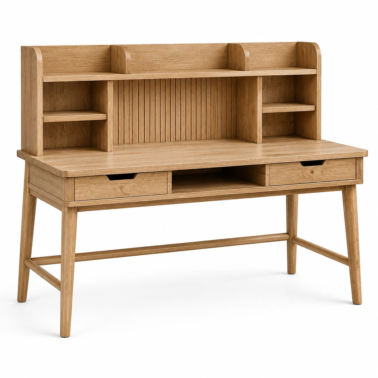 Escritorio de madera de roble con estantes y cajones
