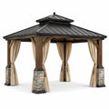Gazebo de madera y metal con cortinas de poliéster