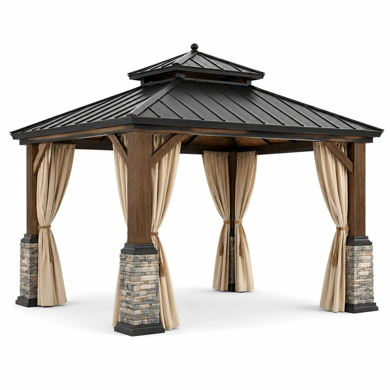 Gazebo de madera y metal con cortinas de poliéster