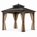 Pérgola de madera y metal con cortinas de poliéster color marrón/beige